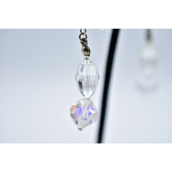 Vintage Crystal Earrings Aurora Borealis Faceted Drop Dangle Shiny 1980s Bin5 - Picture 9 of 12